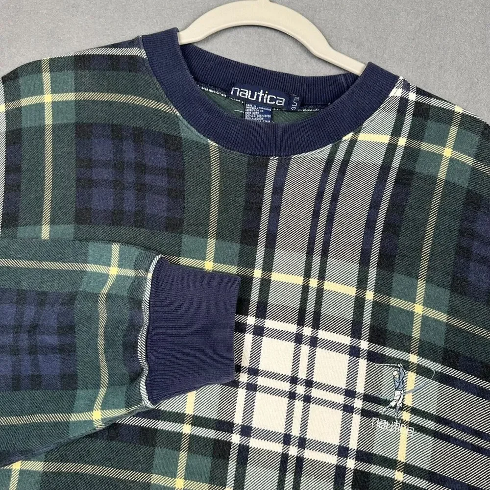 VTG Nautica Fleece Pullover Sweater Men XL Plaid 90s Sweatshirt Golf Embroidered